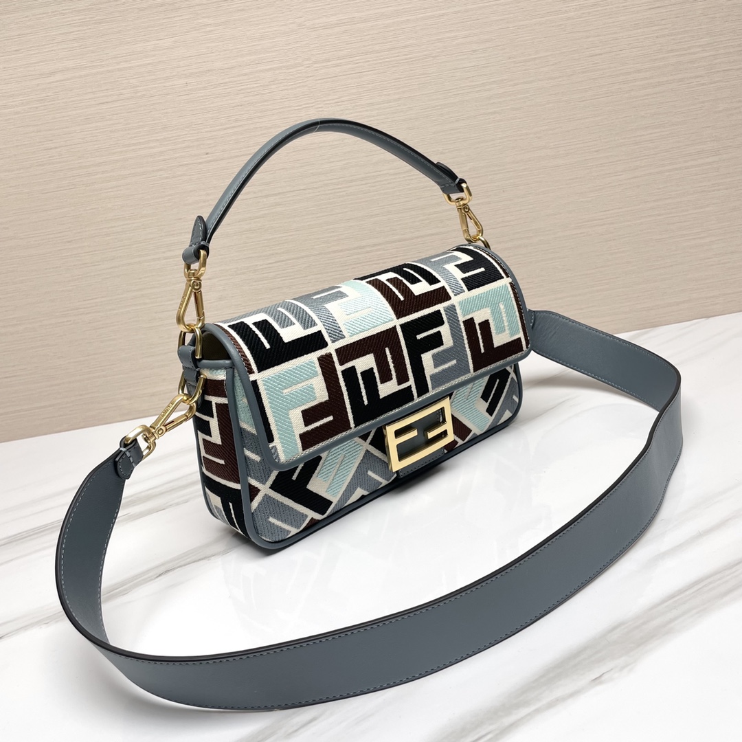 Fendi Medium Baguette FF Canvas Embroidery Shoulder Bag Multicolor/Grey Blue